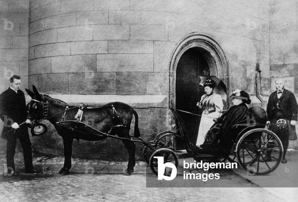 Queen Victoria on a donkey carriage ride, Windsor Castle (b/w photo)