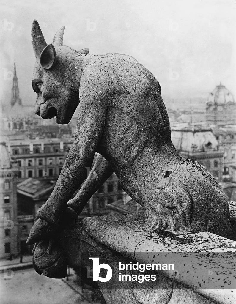 Gargoyles on the cathedral Notre Dame de Paris, 1934 (b/w photo)