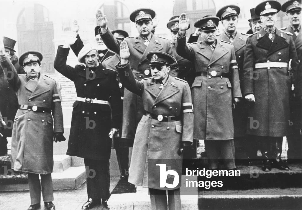 Minister the new Bucharest Government in uniform with a fascist salute (b/w photo)