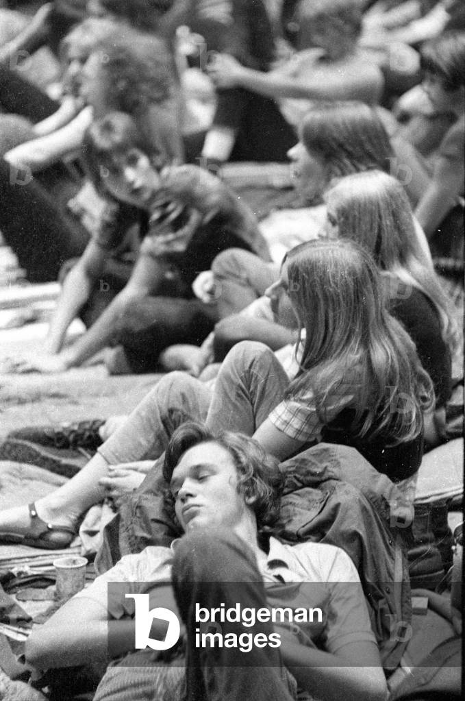 Crowd at a rock festival in Munich, 1970 (b/w photo)