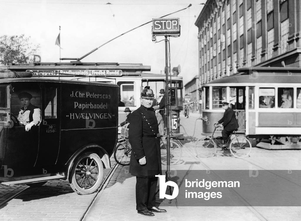 Traffic policeman in Copenhagen (b/w photo)