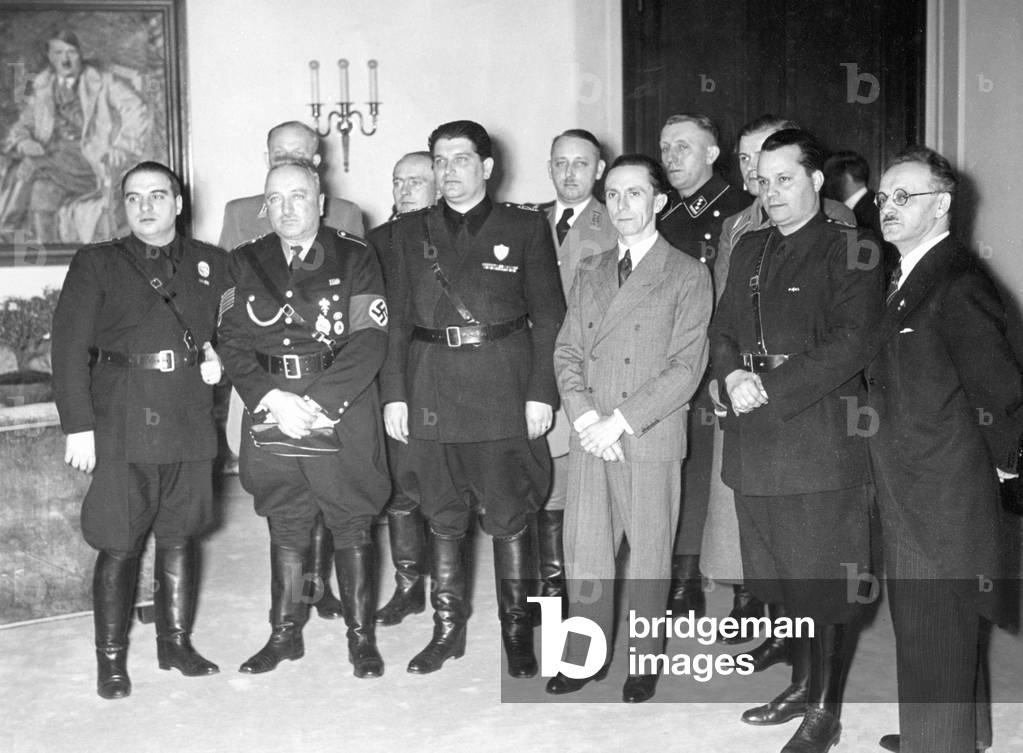 Robert Ley and Joseph Goebbels with an Italian state delegation, February 1937