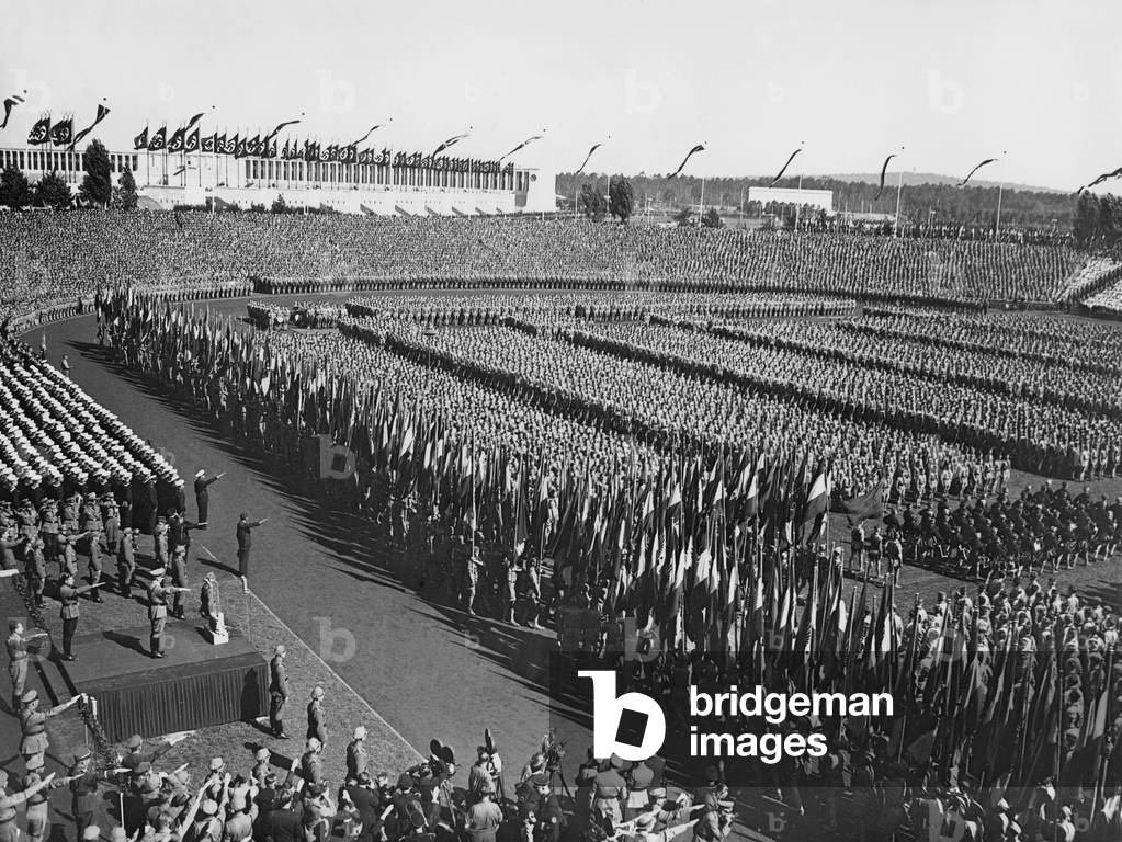Appeal of the Hitler Youth in the stadium on the Nuremberg Rally, 1936 (b/w photo)