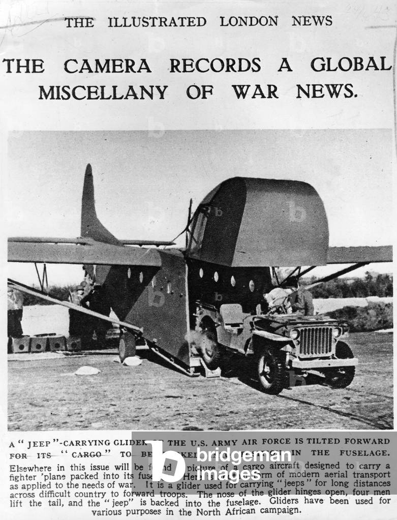 Allied military glider unloading a Jeep, 1943 (b/w photo)