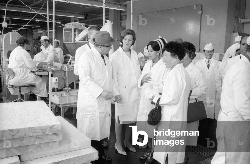 The Thai royal couple in a fish factory in Bremen, 1966 (b/w photo)