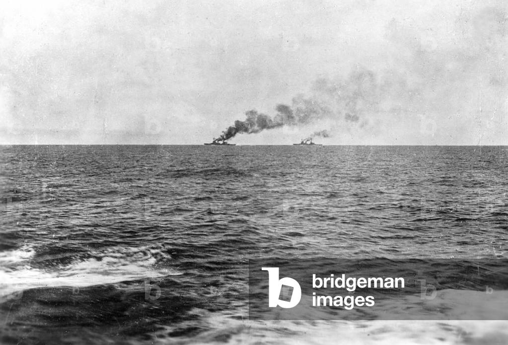 British cruisers 'Invincible' and 'Inflexible' at the beginning of the sea battle near the Falklands, 1914 (b/w photo)