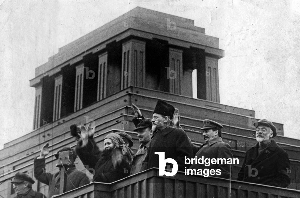 Artyukhina, Bukharin, Kamenev and Stalin, 1927 (b/w photo)