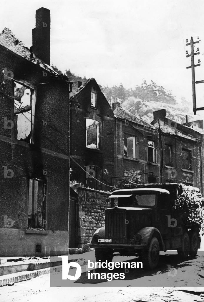 German truck in Dinant, 1940 (b/w photo)