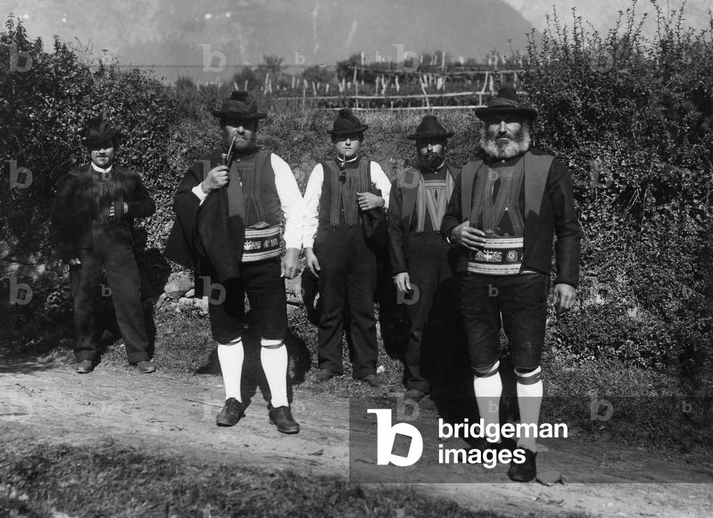 Inhabitants of South Tyrol in traditional costumes, 1950's (b/w photo)