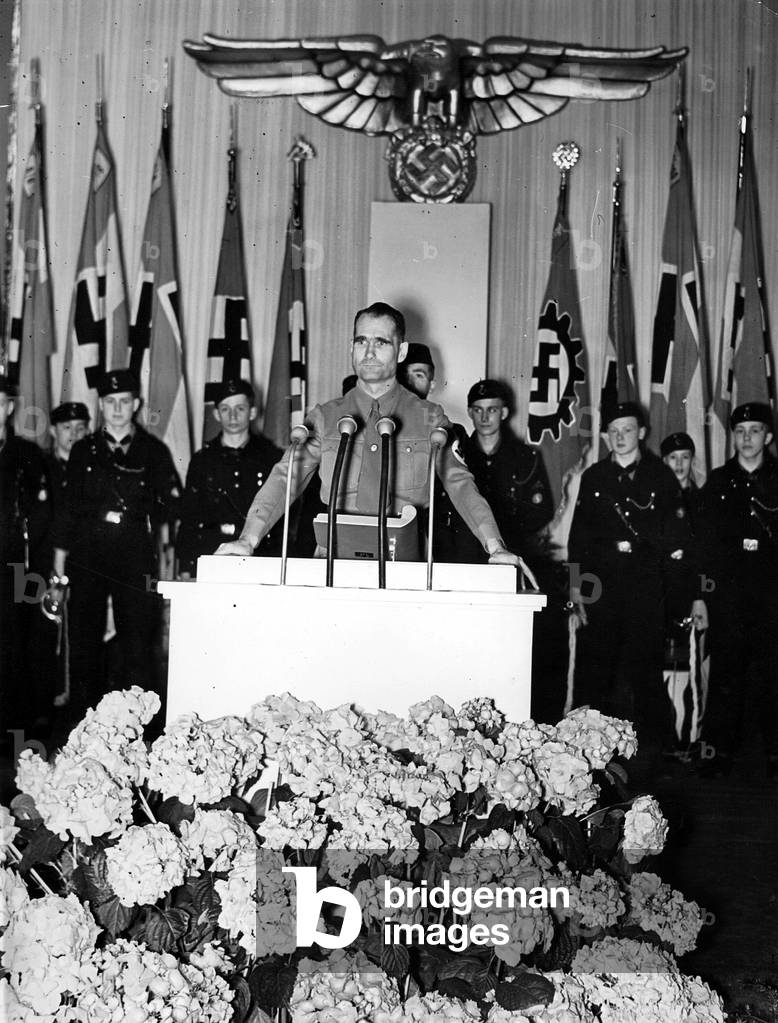 Rudolf Hess during a speech on the occasion of the birthday of Adolf Hitler in Berlin, 1940 (b/w photo)
