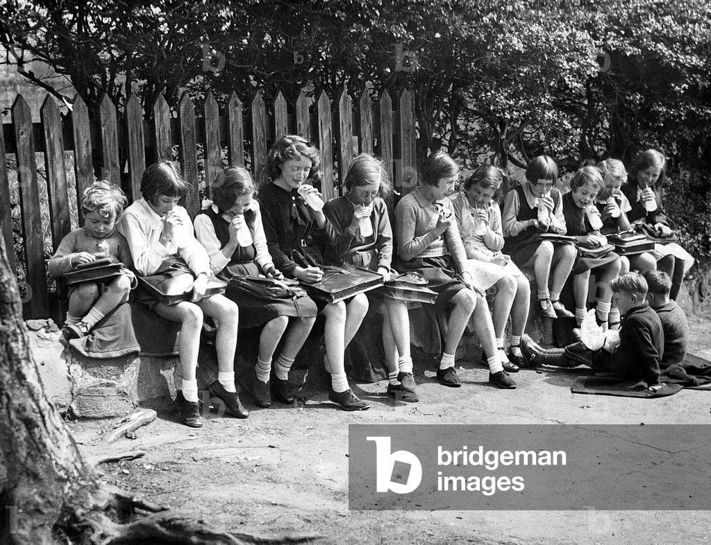 Schoolchildren at recess, Chigwell, Essex  1935 (b/w photo)