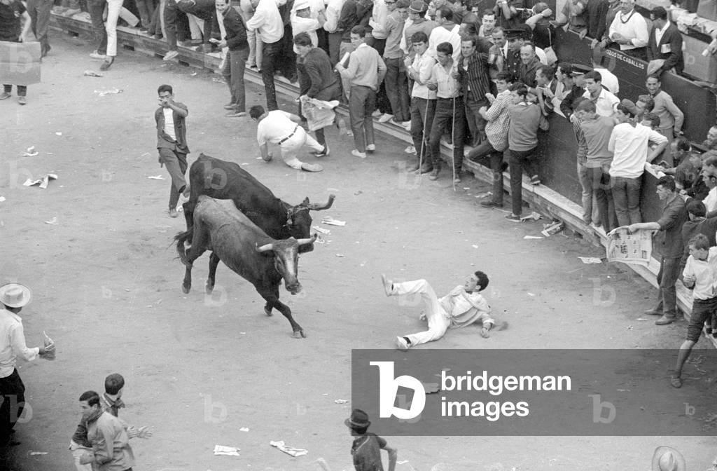 Bullfighting festival in Pamplona, 1965 (b/w photo)