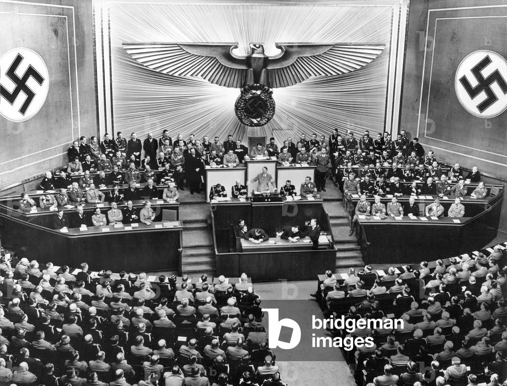 Adolf Hitler addresses to the Reichstag, 1939 (b/w photo)