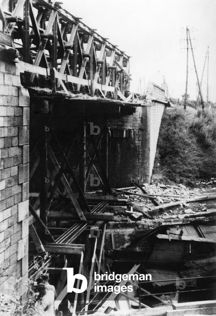 Repaired railway bridge in France, 1940 (b/w photo)