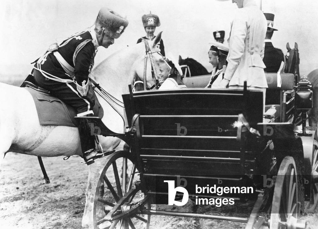 Emperor Wilhelm II with Louis Ferdinand and Wilhelm, 1912 (b/w photo)