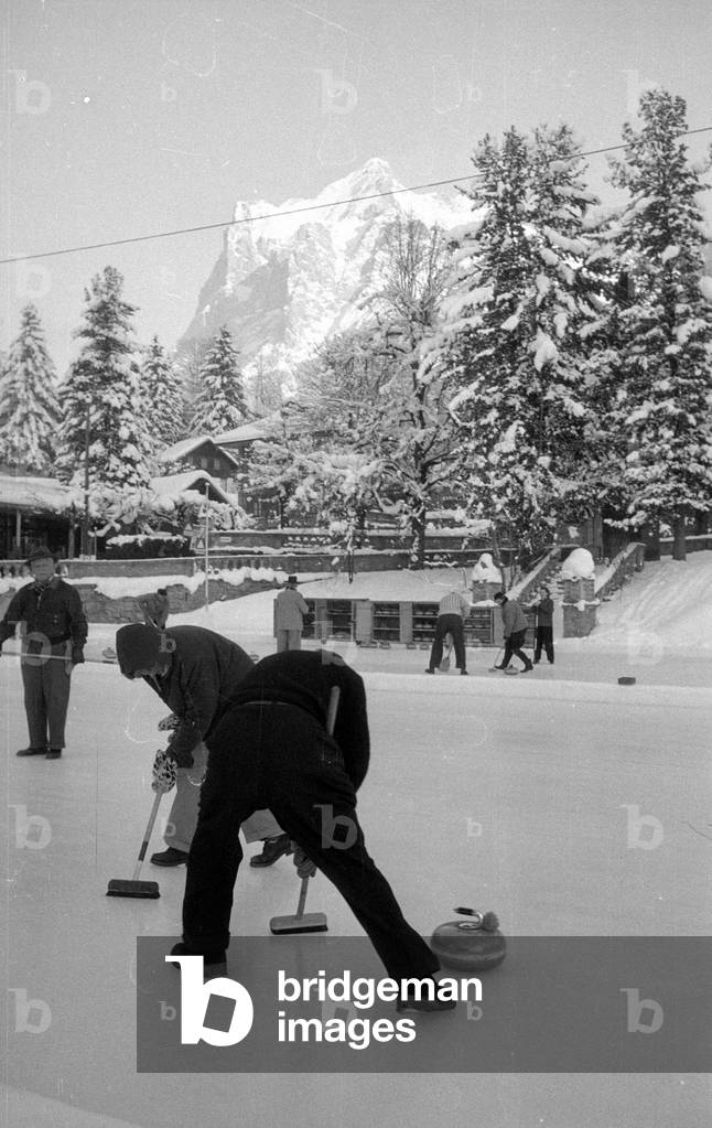 Curling in Grindelwald, 1954 (b/w photo)