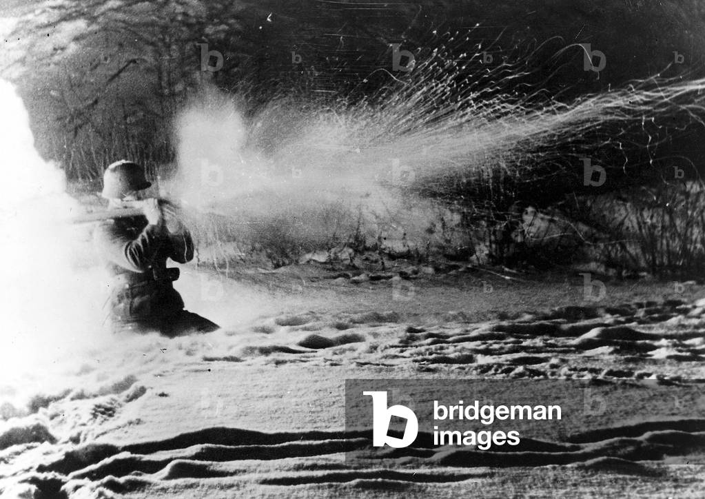 Soldier in the Second World War in Silesia during bazooka firing , 23 March 1945 (b/w photo)