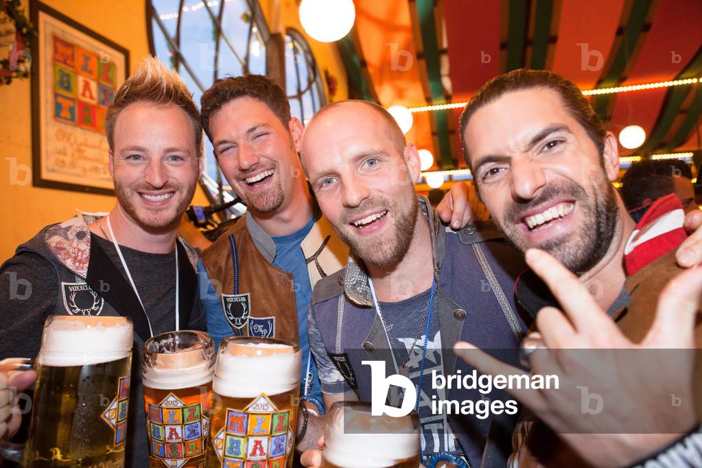 The folk music coverband voXXclub at the Oktoberfest celebration of the TV Mainstream Media AG (GoldStar TV, home channel, Romance TV) in the wine tent, 2015 (photo)