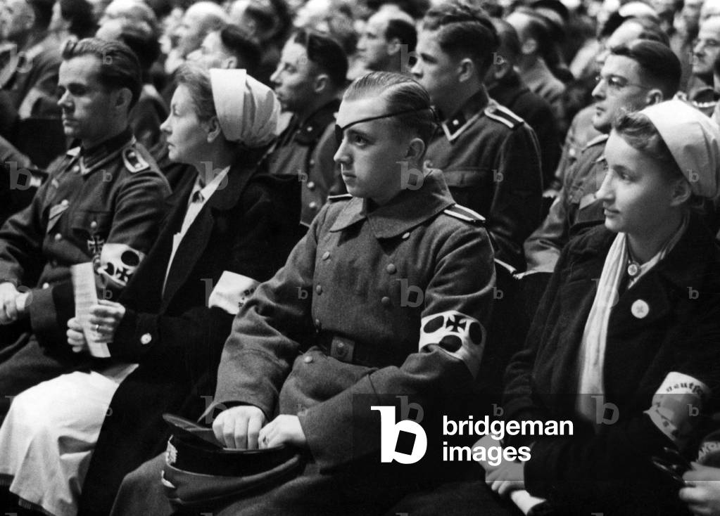 View of the audience during Goebbels' speech on the Total War, 1943 (b/w photo)