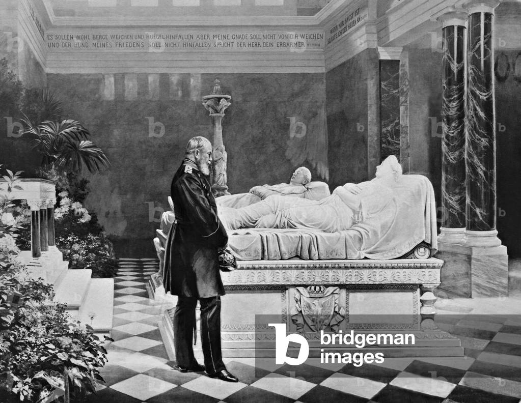 King Wilhelm I of Prussia in a mausoleum, 1870 (b/w photo)