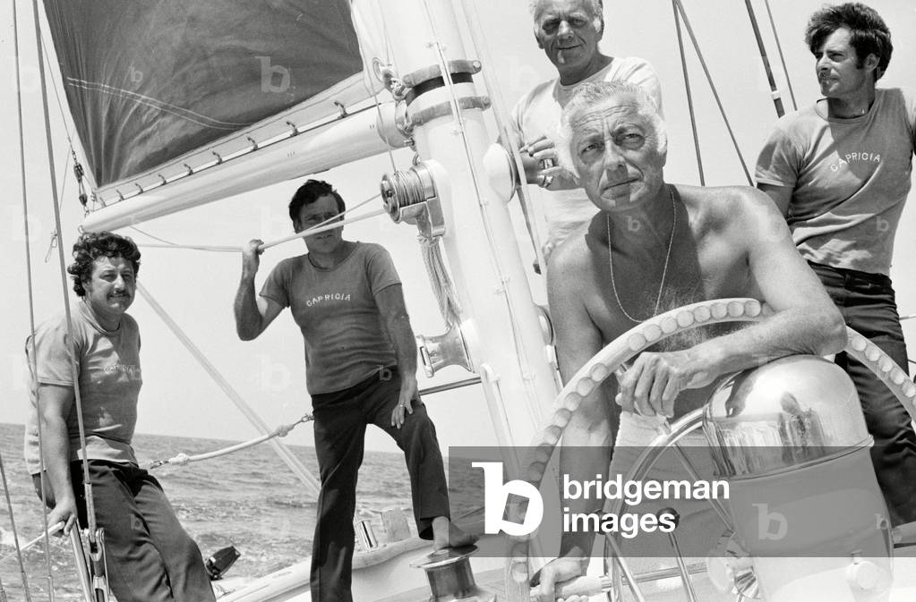 Gianni Agnelli sailing in Corsica, 1975 (b/w photo)