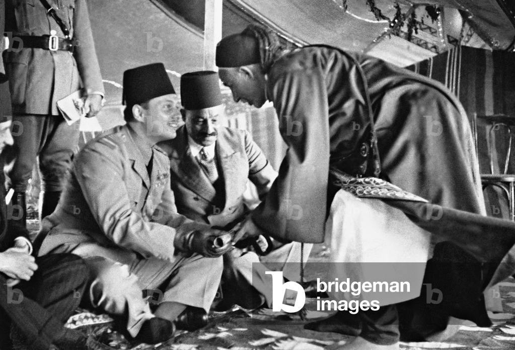 King Farouk with a Bedouin chieftain, 1938 (b/w photo)
