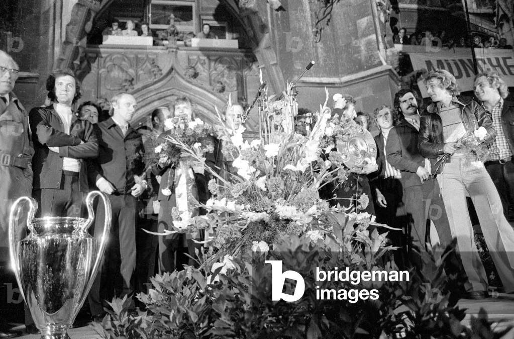 Celebration of FC Bayern on Marienplatz, 1974 (b/w photo)
