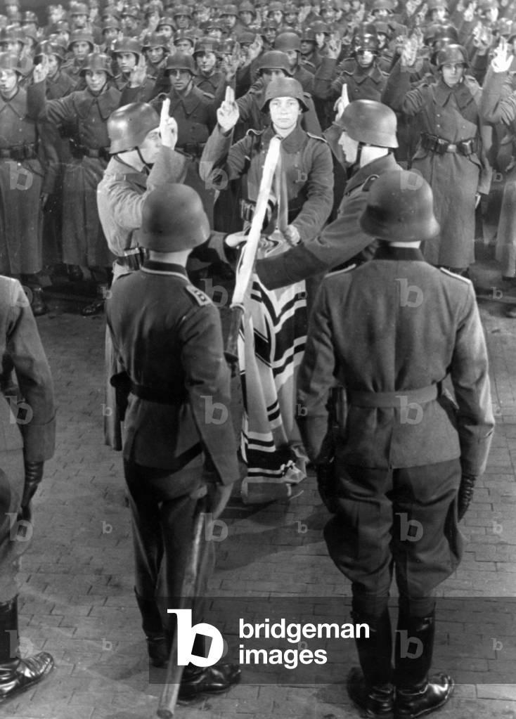 Swearing-in of recruits of the Wehrmacht, 1945 (b/w photo)