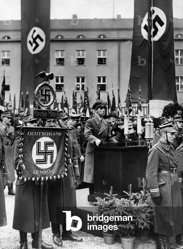 Joseph Goebbels at the dedication of a memorial to the fallen of the SA, 1936 (b/w photo)