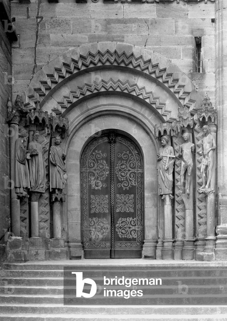 Adams Gate of the Bamberg Cathedral. (b/w photo)
