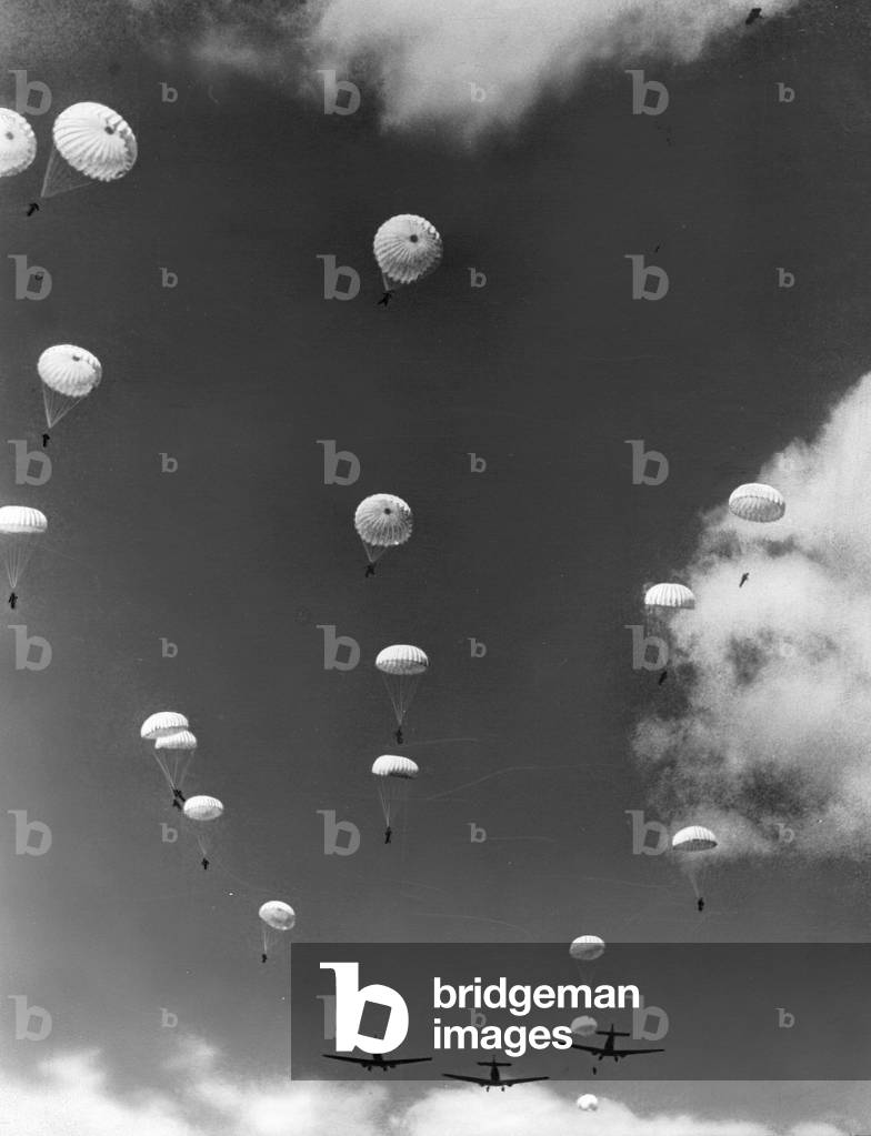 German Paratroopers Parachute over Belgium, 1940 (b/w photo)