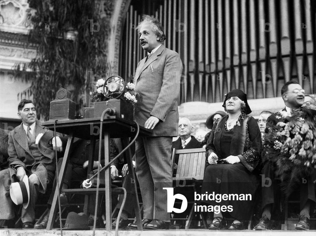 Albert Einstein during a speech, San Diego, USA, 1936 (b/w photo)