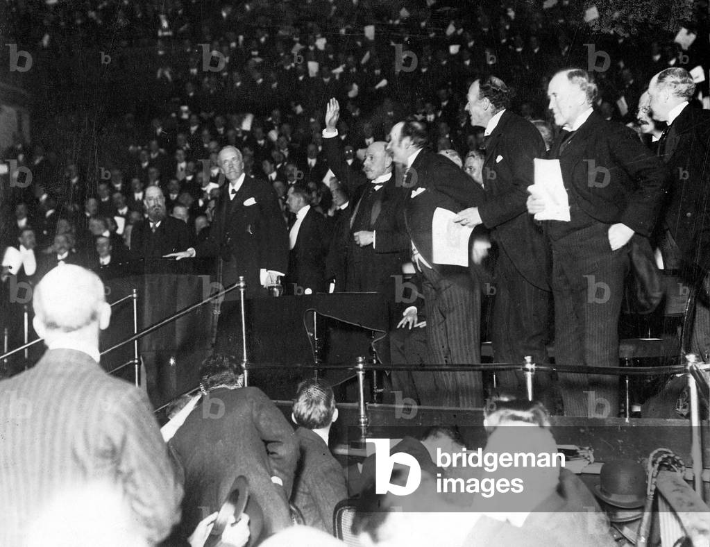 Arthur James Earl of Balfour in London's Albert Hall, 1910 (b/w photo)