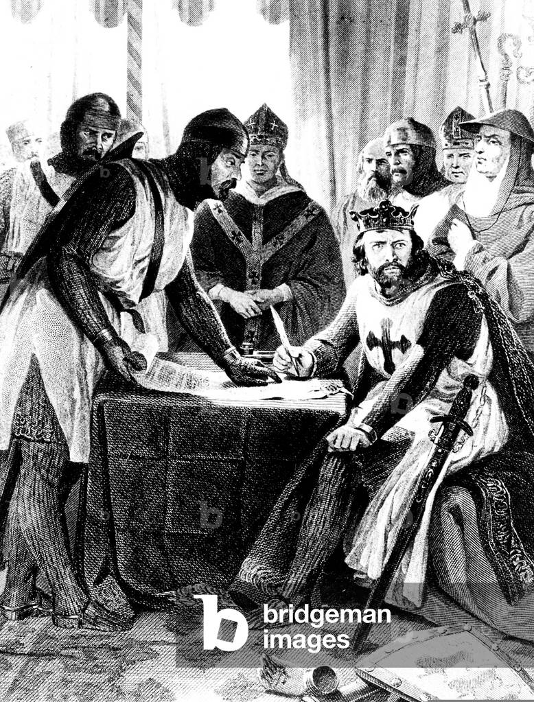 Signing of the Magna Carta Libertatum in 1215 (b/w photo)