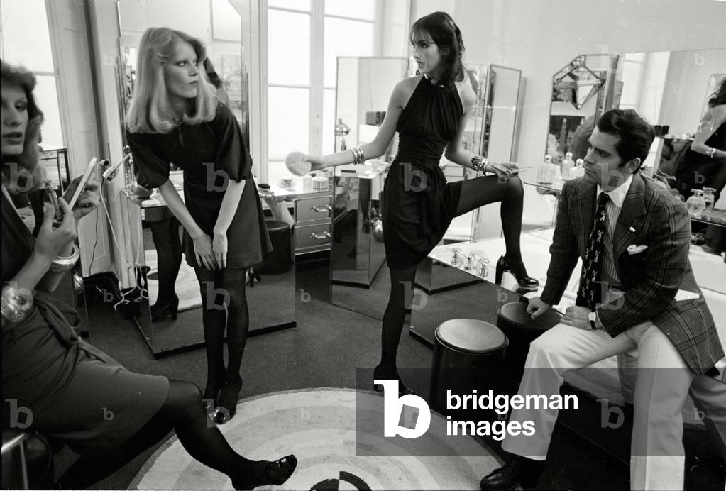 Karl Lagerfeld with his models at Maison Chloe, 1972 (b/w photo)