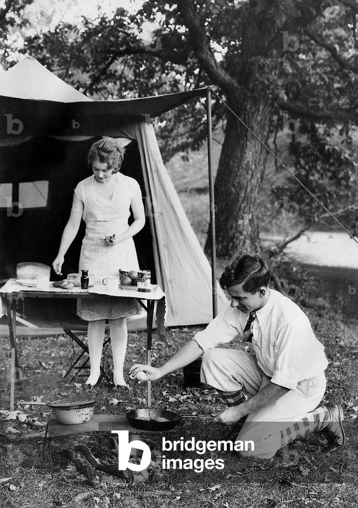 Camping breakfast, 1929 (b/w photo)