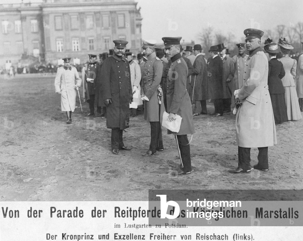Crown Prince Wilhelm of Prussia during a parade of the riding horses of the royal stables, 1908