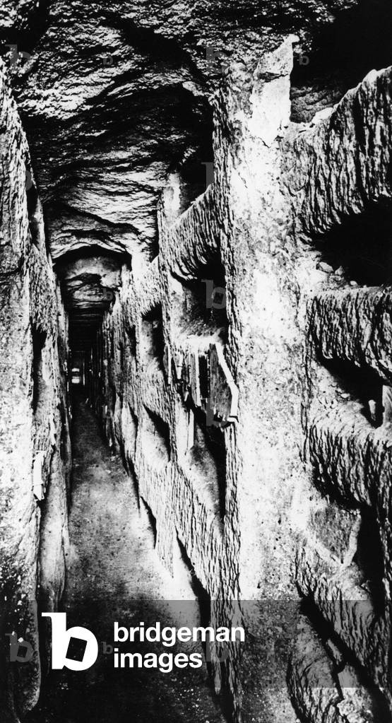 Catacombs in Rome, 2nd century (b/w photo)