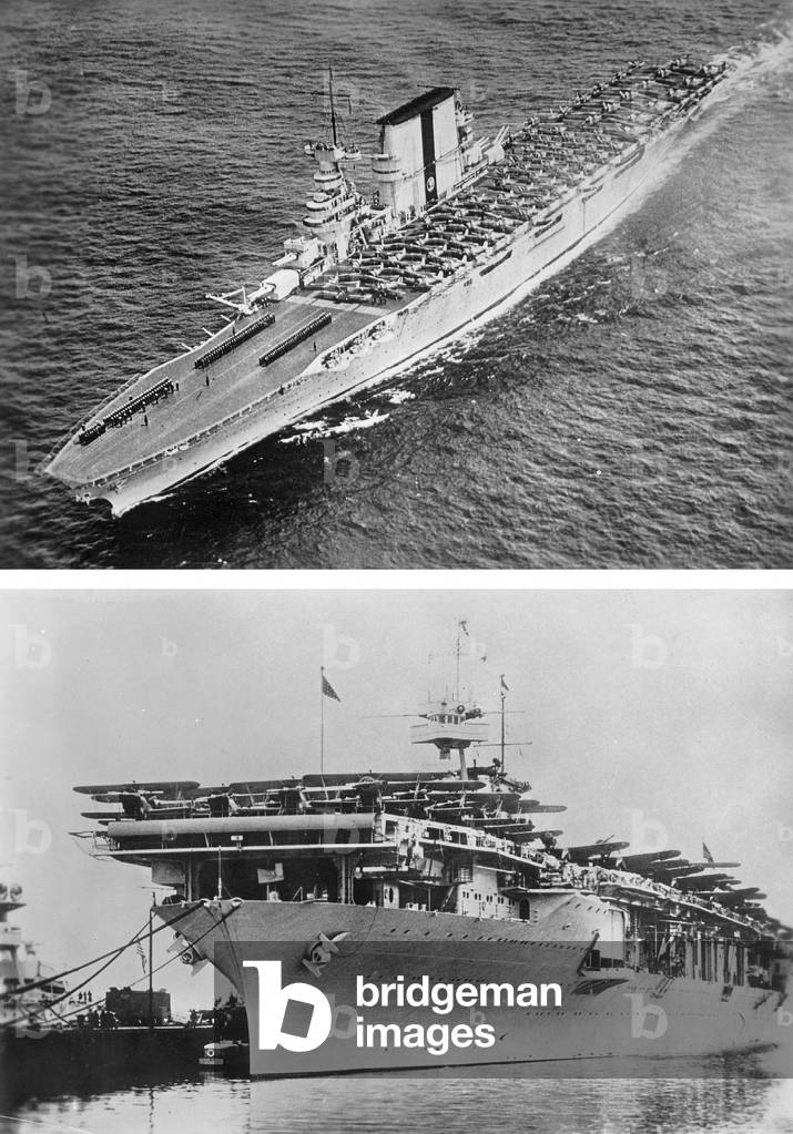 The American aircraft carriers 'Saratoga' (top) and 'Yorktown' (bottom) (b/w photo)