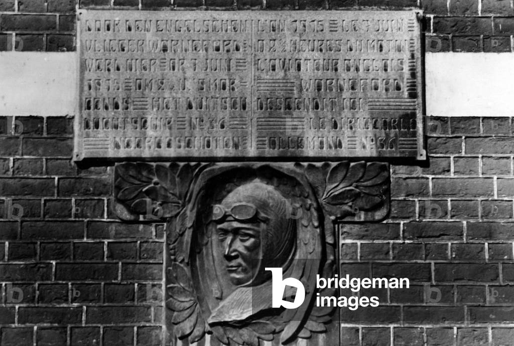 Memorial plaque for British airman Lt. Reginald Warneford  (b/w photo)