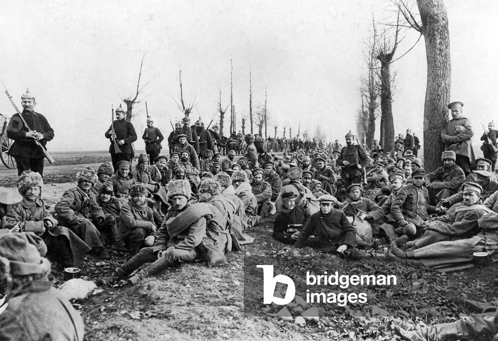 Russian prisoners of war near Lodz, 1914 (b/w photo)