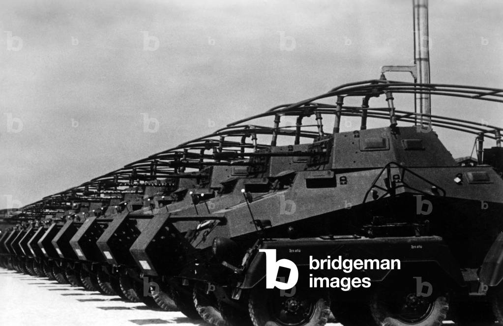 Completed Panzerspaehwagen 231 are lined up, 1942 (b/w photo)