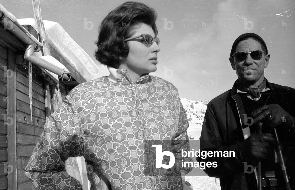 Soraya skiing in St. Moritz, 1959 (b/w photo)