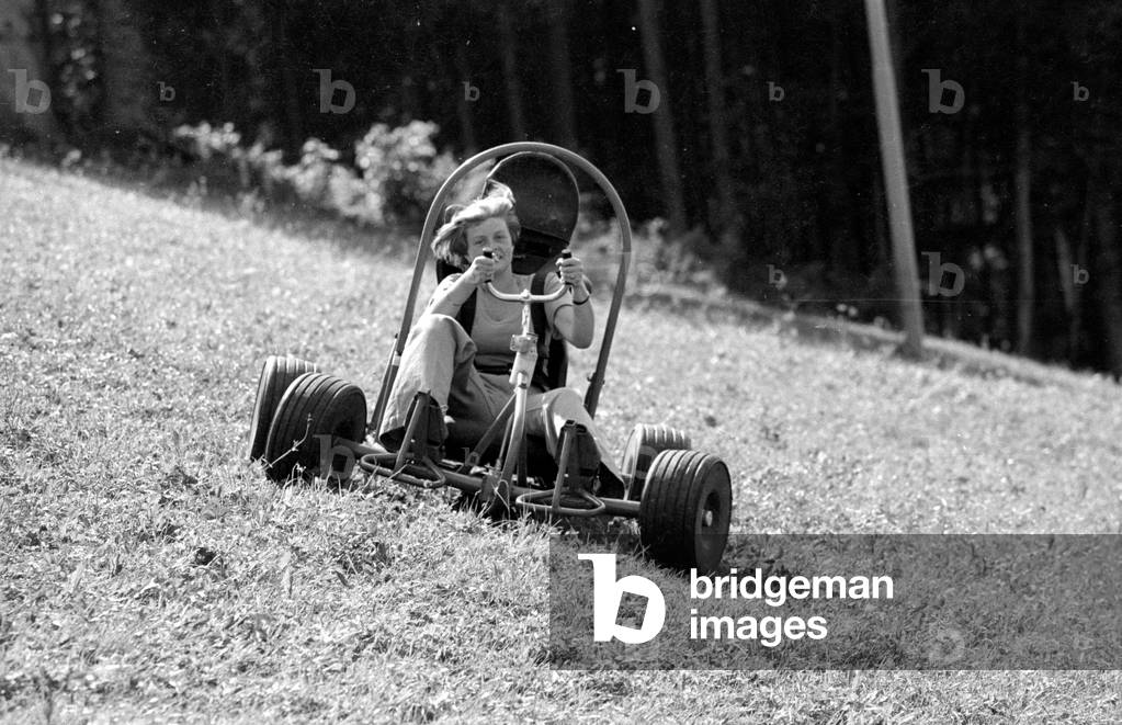 Downhill carts in Ruhpolding, 1974 (b/w photo)