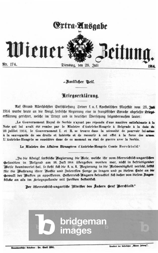 Special edition of the Wiener Zeitung with the Austrian declaration of war on Serbia, 1914 (b/w photo)