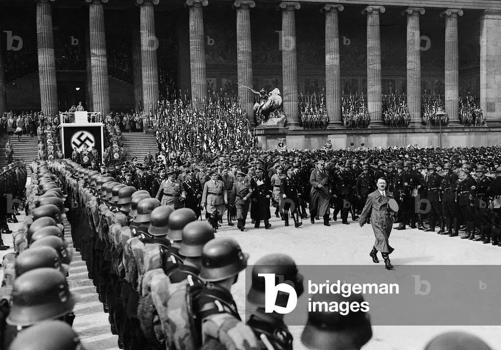 Adolf Hitler leaves the rally for the First of May, 1936 (b/w photo)