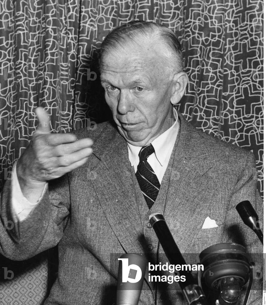 George C. Marshall at a press conference after having received the Nobel Peace Prize, 28th November 1953 (b/w photo)