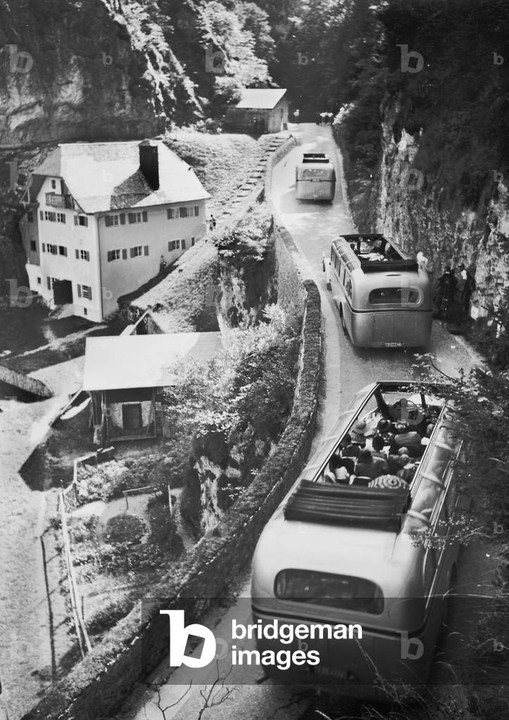 Tour buses in the mountains, 1935 (b/w photo)