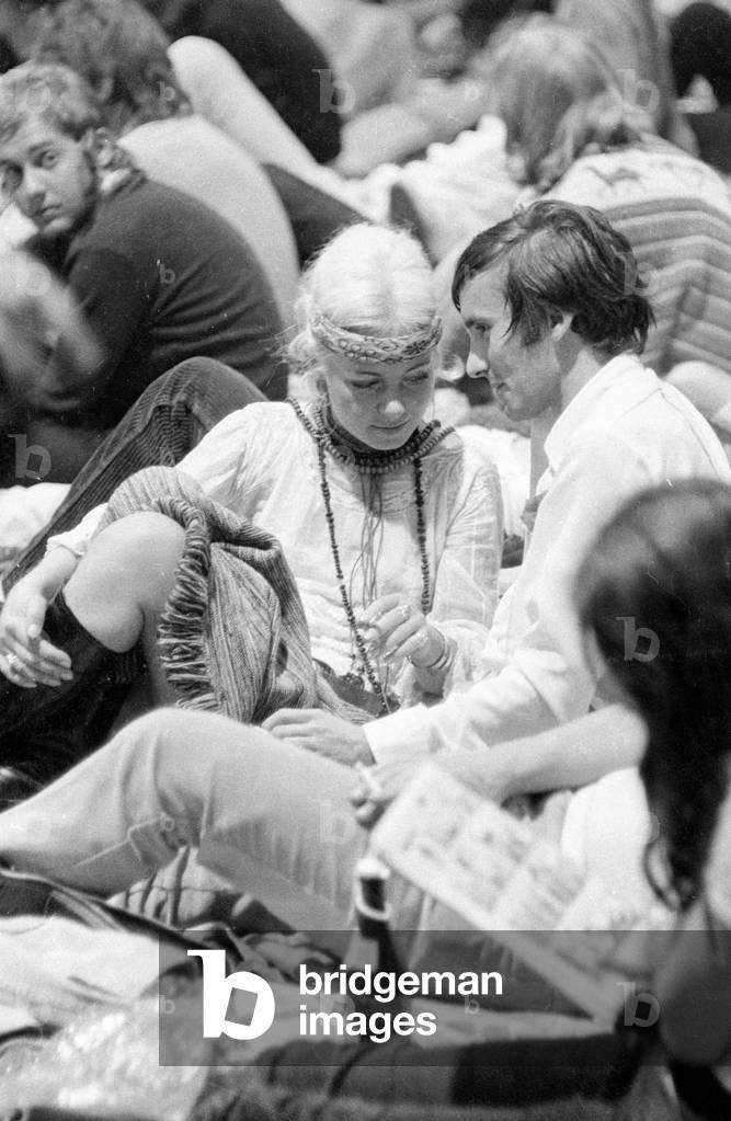 Crowd at a rock festival in Munich, 1970 (b/w photo)