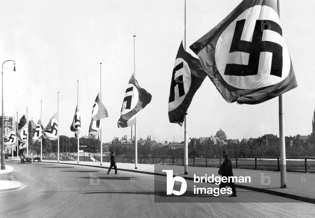 Flags at half-mast on the Theresienhoehe in Munich (b/w photo)